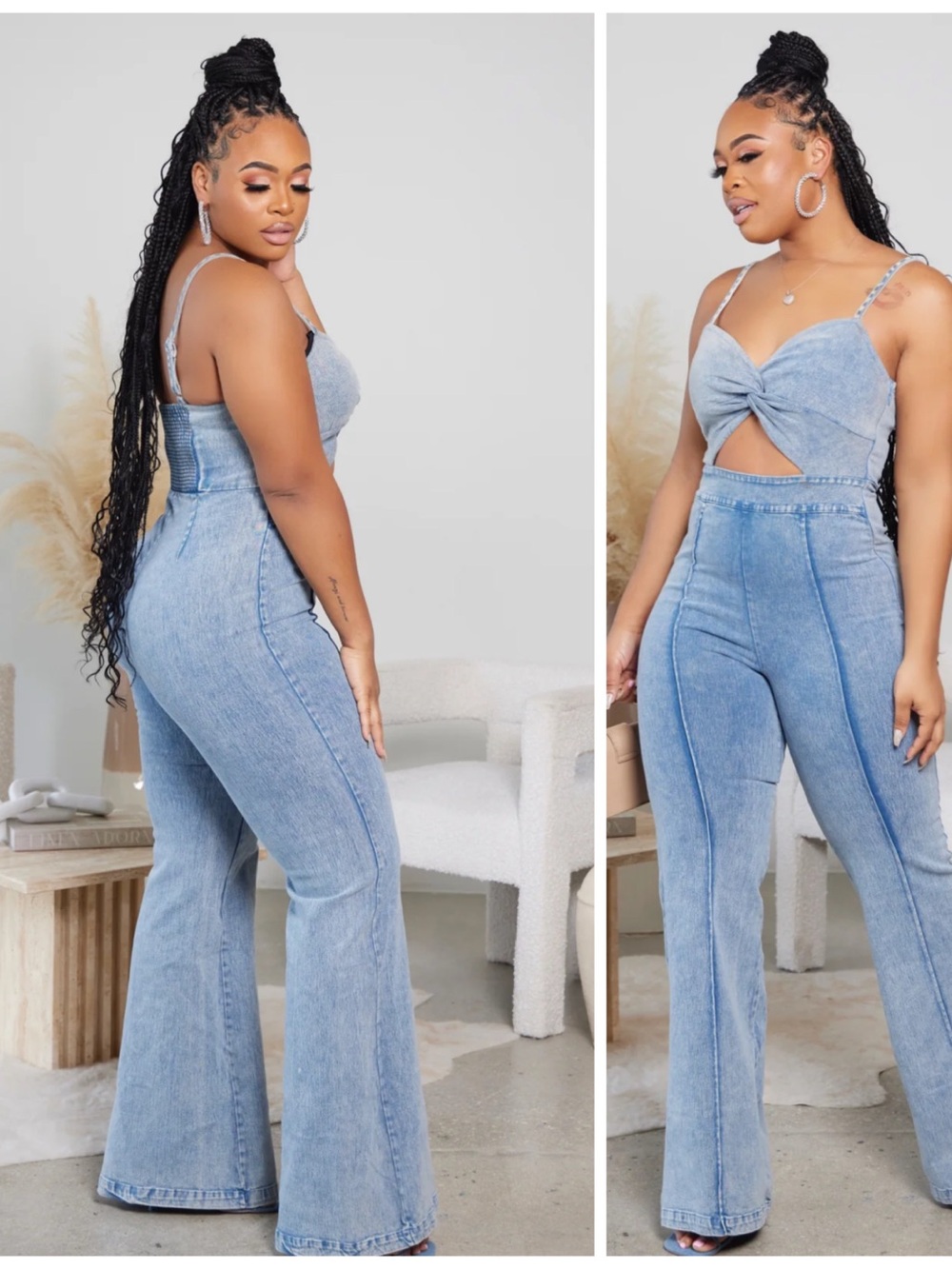 Twist Front Denim Jumpsuit - Light Blue Flare
Brand New , never worn